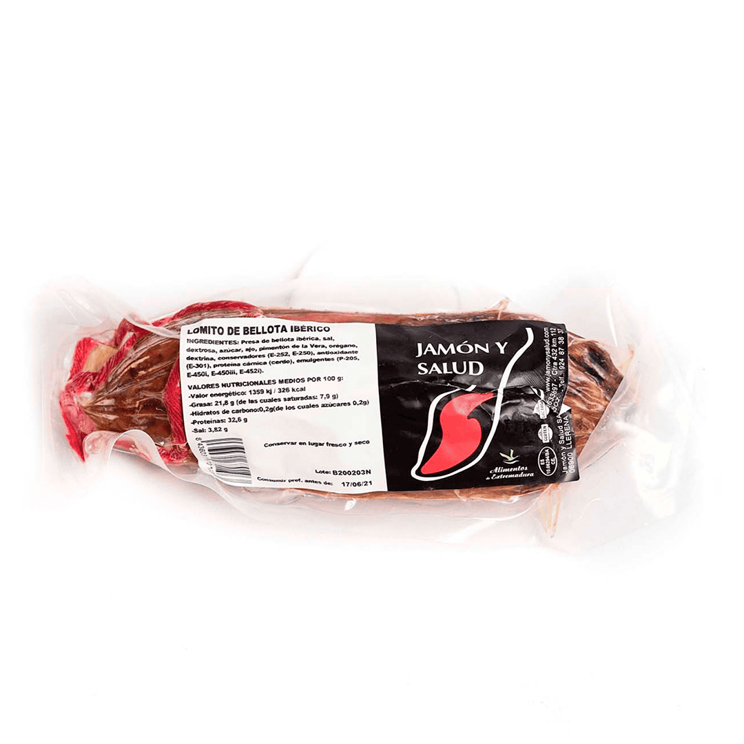 Lomito 100% Ibérico de Bellota, elaborado con presa ibérica, curado artesanalmente en bodegas naturales de la Sierra de Extremadura, pieza de 450g.