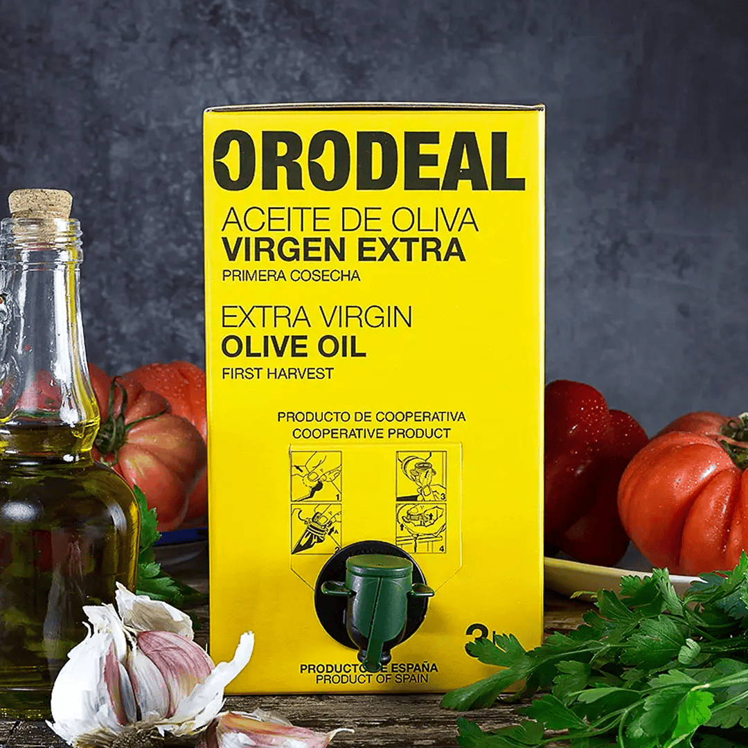 Orodeal Premium Bag in Box 3L, Aceite de Oliva Virgen Extra con variedad Picuda, certificado por la D.O. Poniente de Granada, en formato práctico antigoteo.