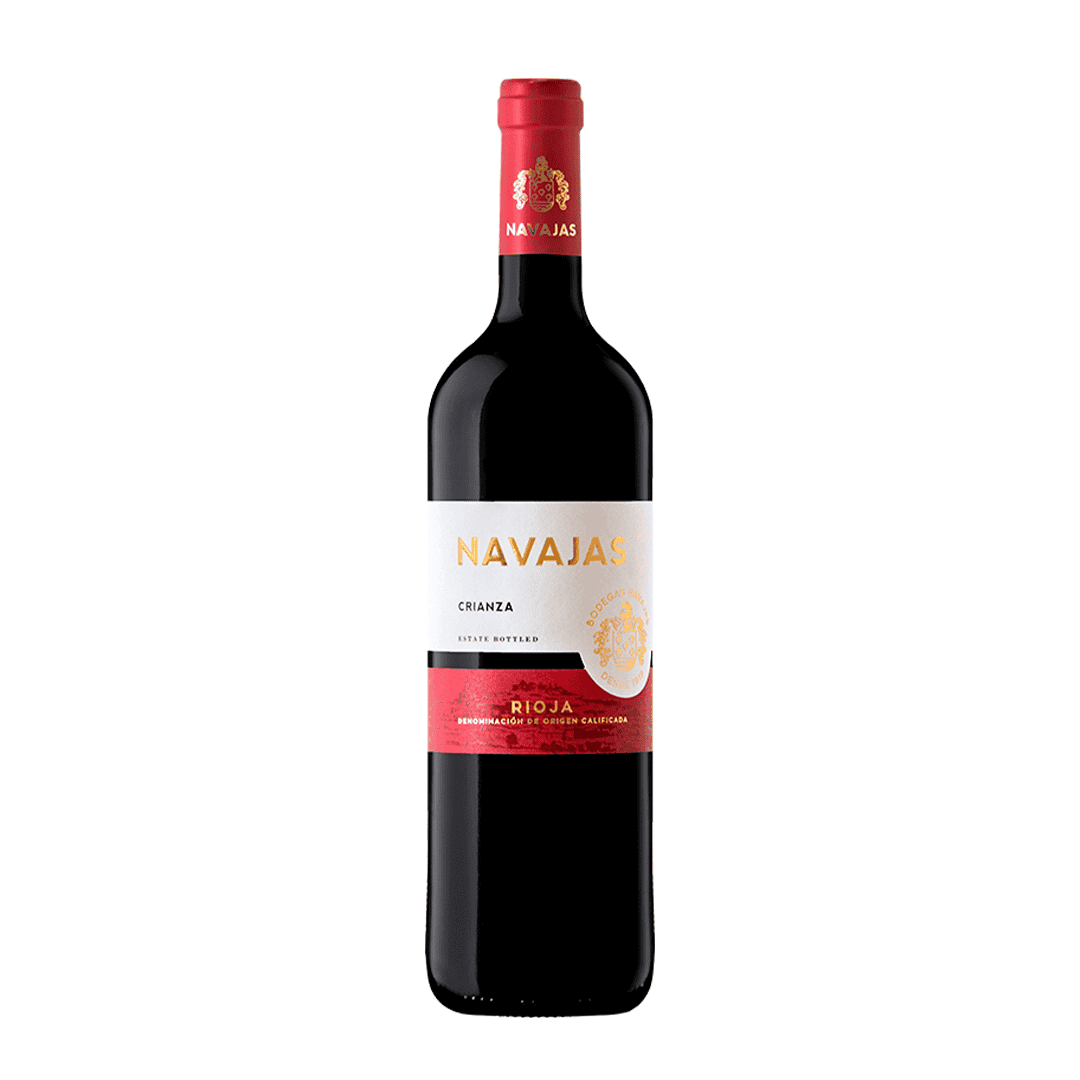 Navajas Tinto Crianza 2018 DOC Rioja, vino tinto 100% Tempranillo con aromas equilibrados y taninos suaves, ideal para acompañar comidas especiales.