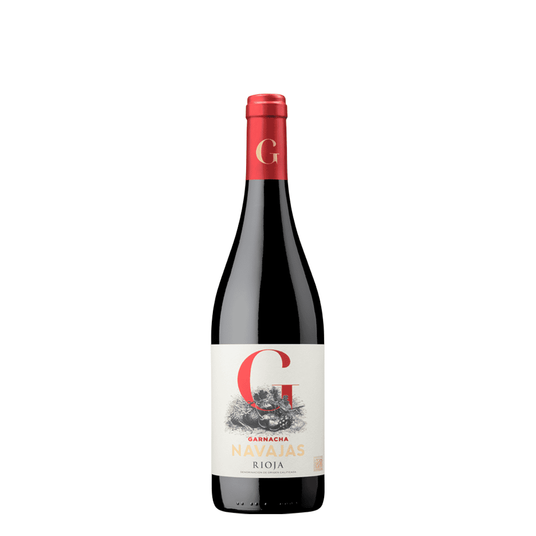 Navajas Tinto Garnacha 2021 DOC Rioja, botella de vino tinto con aromas de fruta roja, regaliz y café, y taninos redondos.