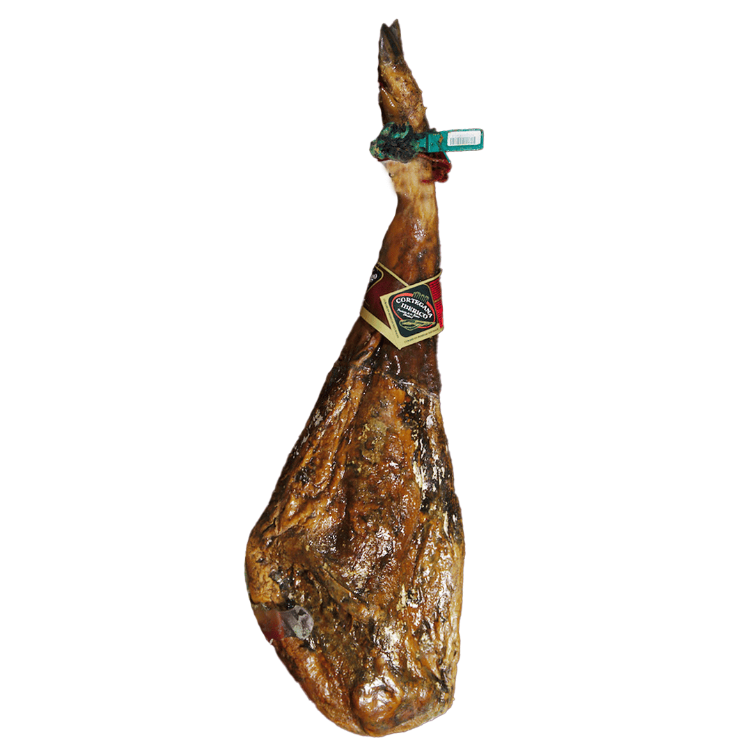 Jamón de cebo de campo ibérico 50% raza ibérica curado artesanalmente en la sierra de Jabugo, pieza entera con sabor natural y alimentación al aire libre.